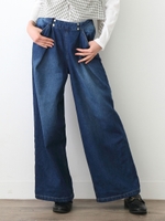 センターダブルホックデニムワイドパンツ/ブルー