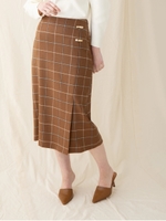 チェックウールタイトスカート/ブラウン