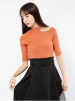 ネックスリットニットトップス/レンガ