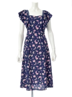 バックレースアップ花柄ワンピース/ネイビー