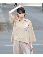 フォトプリント襟付きビッグシルエットTシャツ/ライトベージュ
