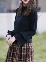 プチハイネック袖リボンニットソー/ブラック