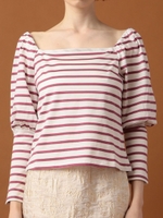 ボーダーパフスリーブプルオーバー/ピンク