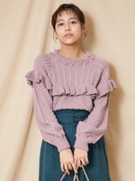 ムナモトフリルレースアップニットプルオーバー/パープル