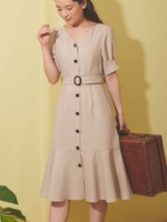 リネンライクフレアヘムワンピース/ベージュ