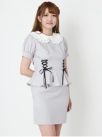 レースアップぺプラムタイトワンピース/ブルー