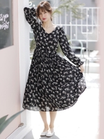 花柄プリーツワンピース/クロ