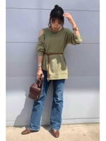 肩スリットワッフルアシンメトリーカットソー/カーキ(180)