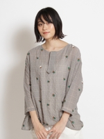 小花刺しゅう先染めチェックブラウス/ブラック