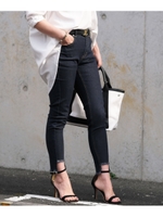 裾フリンジイレギュラーヘムラインリメイク風デニムスキニーパンツ/ワンウォッシュ