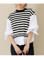 袖リボンレイヤード風トップス/ホワイト/ブラック(058)