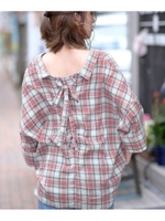 背中レースアップビッグシルエットシャツブラウス/レッド系その他