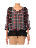 [L]ブラック切り替えチェックブラウス