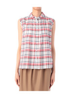 丸衿チェック柄フレンチスリーブブラウス