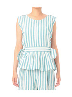 麻混ストライプウエストリボンブラウス