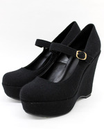 ワンストラップハイウェッジツイードパンプス