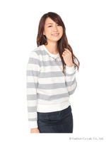 ポンチボーダー衿ビジュー付きプルオーバー