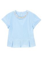 [L]ビジュー付きストライプぺプラムブラウス/ブルー系(390)