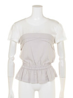 ギャザー切替ペプラムTOPS/ライトベージュ×ネイビー