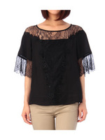 フラワー刺しゅうレース切り替えブラウス/ブラック(019)