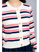 配色ボーダービジューボタンカーデ/ピンク