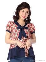 【Penderie】バイカラーフラワーブラウス/ホワイト