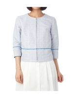 ツイード七分袖ノーカラージャケット/ライトブルー(491)