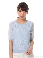 前レース５分袖ニット/ライトブルー