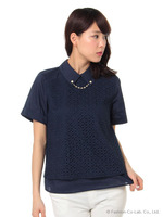 ローン前レース切替シャツ衿BL/キナリ