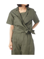 ホリゾンタルカラー裾結びショートシャツ/カーキ(027)