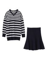 ボーダーニット+フレアニットスカートSET/チャコールグレー(314)