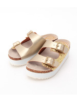 レザー調グリッターダブルバックルサンダル/ゴールド(007)