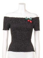 総シャーリングドット柄トップス/ブラック