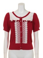 チビリボンレース切替ニットカーデ/レッド