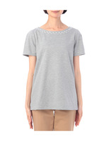 ビジュー使いボートネック半袖カットソー/ライトベージュ(051)