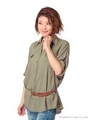 ベルト付きVネックシンプルブラウス/カーキ