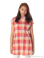 先染めチェックチュニック/レッド