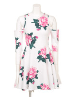 8Bit Floral Cutout Shoulder Dress/WHITE