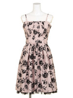 フラワー柄バックレースアップワンピース/エンジ