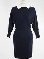 取り外し可能襟付き♪ムジスリムニットワンピース/ネイビー