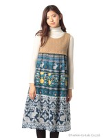 フォークロアアリプリントニット切替ワンピ/ピンク