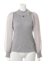 ビジュー付ハイネック袖シフォンリブニット/ダークオレンジ