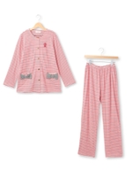 narue(ナルエー) 天竺ボーダー 丸首リボン上下ナイティ/レッド(162)