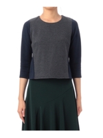 ヘリンボーン柄切り替え七分袖ブラウス/ブラック(119)