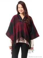 先染めチェック裾フリンジポンチョ/ネイビー