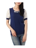 袖レースビジュー付きニットプルオーバー/ブルー(092)