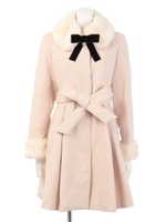 フェイクファーティペット付きリボンベルトコート/グレー