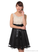 パーティドレス・サテンメッシュ切替ドレス/クロ