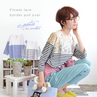 フラワーレース切替ボーダードロップショルダープルオーバー