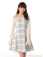 袖シフォンチェックOP/ネイビー